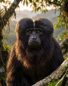 Close-up portrait of the rare Amazonian Black Bearded Saki monkey.