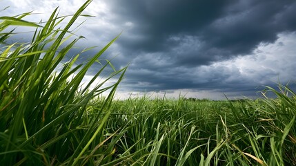 Obraz premium Dark storm clouds loom over a vibrant green field of tall grass swaying in the wind under an overcast sky
