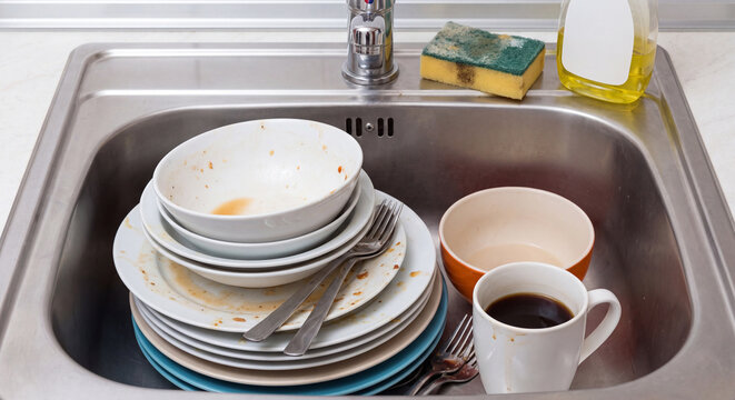 Stack of unwashed dirty ceramic plates bowls silverware utensils and a coffee mug waiting to be washed inside a stainless steel kitchen sink after meal