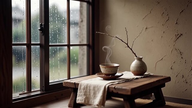 Wabi sabi tea corner with steaming cup beside rainy window in calm minimalist interior