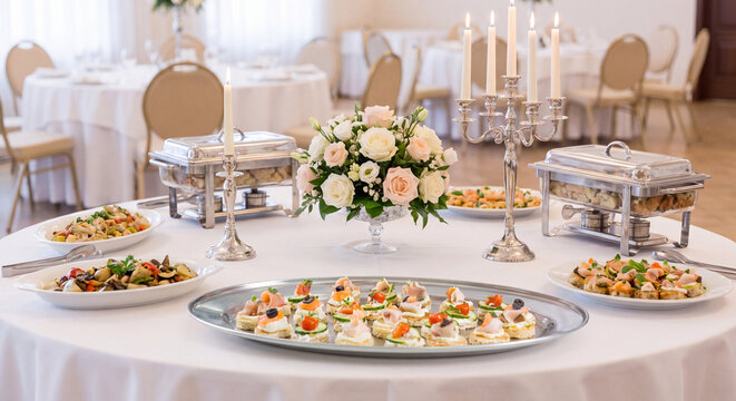 Luxurious wedding buffet table beautifully set with silver appetizer platters elegant flower centerpiece and white tablecloth in banquet hall