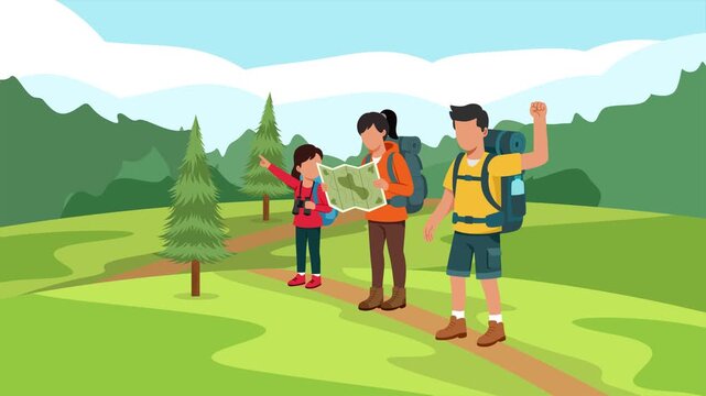 Family enjoying nature adventure together. Family adventures concept. Full length Icon animation illustration. High quality&nbsp;4k&nbsp;footage