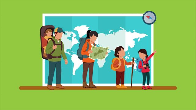 A family exploring the world. Family adventures concept. Full length Icon animation illustration. High quality&nbsp;4k&nbsp;footage
