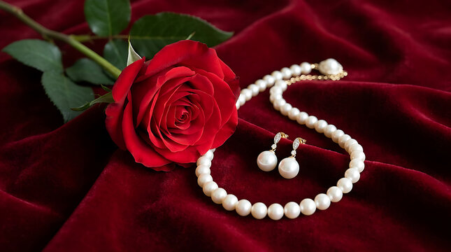 Elegant Pearl Necklace and Earrings with Red Rose.