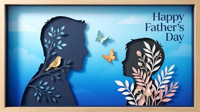 Happy Father's Day paper cut art, silhouette of father and son with floral elements, blue layered paper craft greeting card