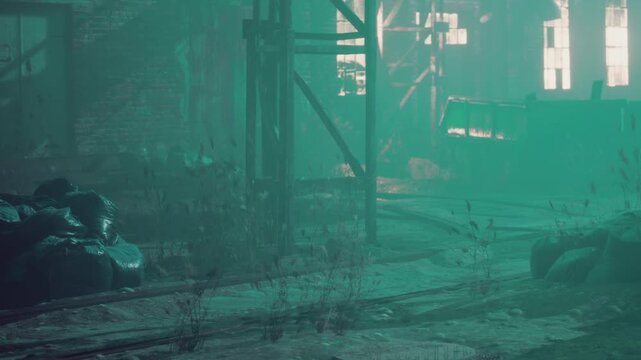 A scene in an old warehouse shows wooden beams and scattered debris. Light shines through broken windows. Plants grow among the rubble. The atmosphere has a mysterious feel.