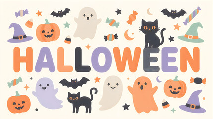 Obraz premium Cute Halloween illustration with ghosts, cats, pumpkins, bats, and colorful text.