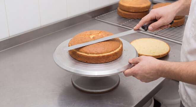 Close up of a confectioner using a long serrated palette knife to slice and level a round sponge cake layer on a metal rotating cake stand on a stainless steel counter