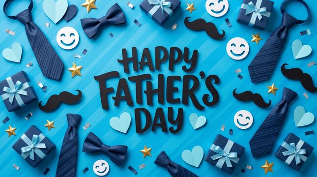 Happy Father's Day greeting card, blue background with ties and gift boxes, festive masculine celebration flat lay with mustaches