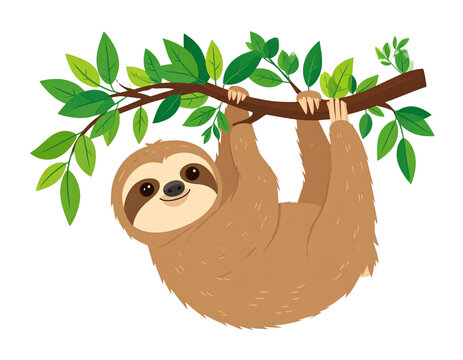 Cute cartoon sloth happily hanging upside down from a tree branch with green leaves, isolated illustration.