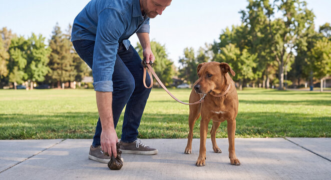 A young man bends down on a green park lawn to clean up dog waste with a plastic bag while his loyal brown dog stands patiently beside him outdoors