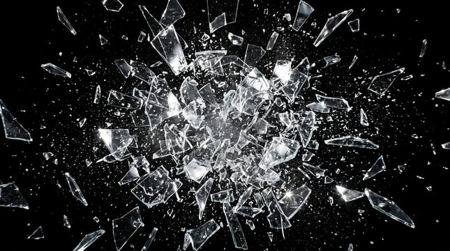 Shattered Glass Shards Exploding Against Dark Black Background