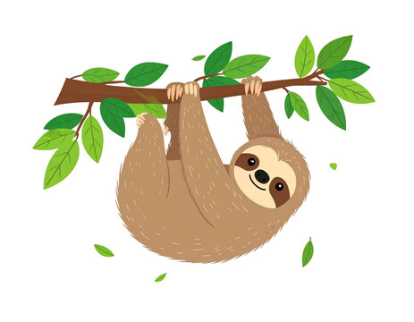 Cute smiling sloth hanging on a tree branch with green leaves, adorable cartoon vector illustration for kids design
