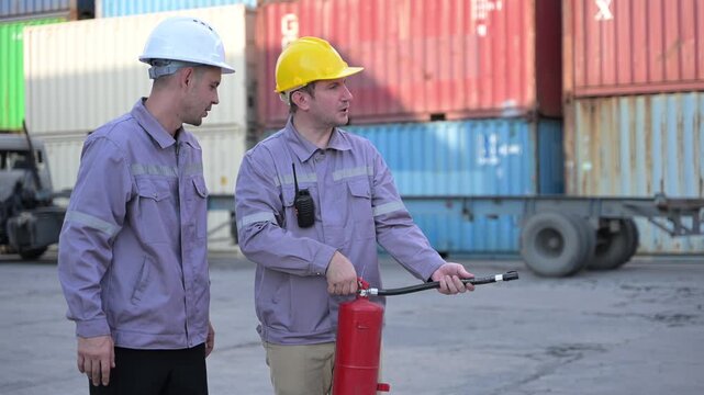 Two male industrial workers practice how to use a fire extinguisher during workplace safety training at a container yard. Concept of fire prevention, emergency preparedness, and safety education.