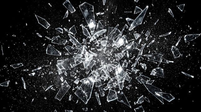 Shattered Glass Shards Exploding Against Dark Black Background