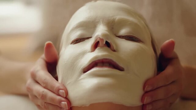 Hands holding a white theatrical mask in warm indoor closeup with no visible movement