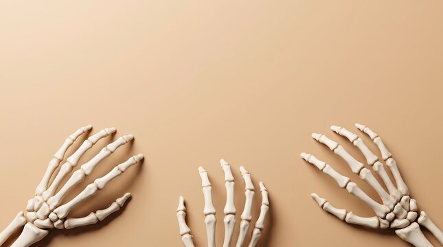 Three human hand skeletons arranged on a plain beige background with copy space for medical or halloween concepts