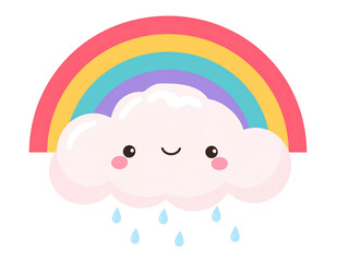 Fototapeta premium Cute kawaii cloud character smiling with colorful rainbow and rain drops illustration