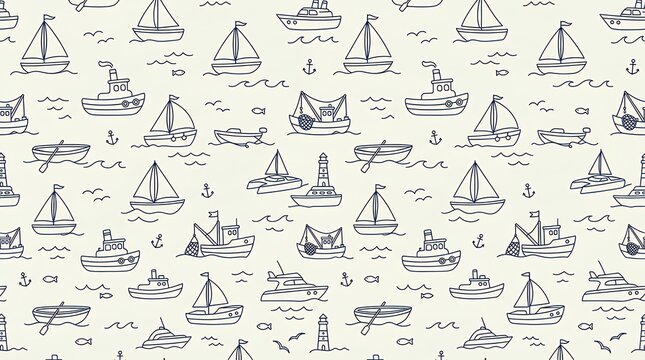Minimalist Marine Line Art Seamless Pattern Featuring Continuous Small Boat and Ship Motifs for Nautical Surface Design Childrens Apparel and Textile Printing nautical pattern boat ship seamless