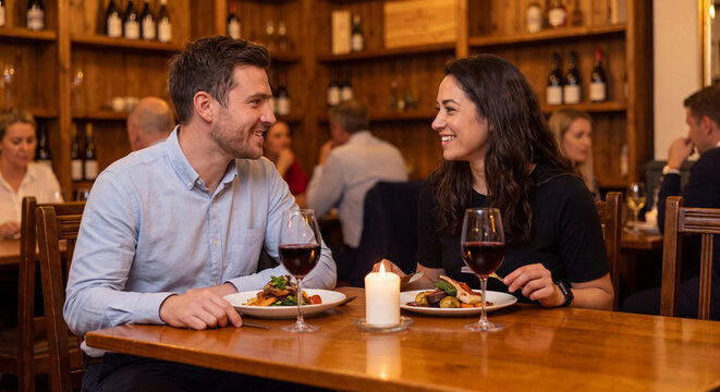 Smiling romantic couple having dinner and drinking red wine together at a wooden table in a cozy restaurant atmosphere