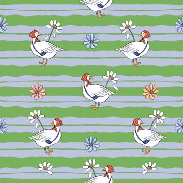 Vintage duck seamless pattern with daisy flowers on wavy green and grey stripes background, cute farm surface design