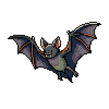 Retro pixel art illustration of a Halloween bat with wings spread mid-flight, isolated on white background
