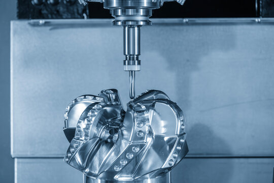 High precision parts cutting process on CNC milling machine using ball nose end mill in blue tone lighting