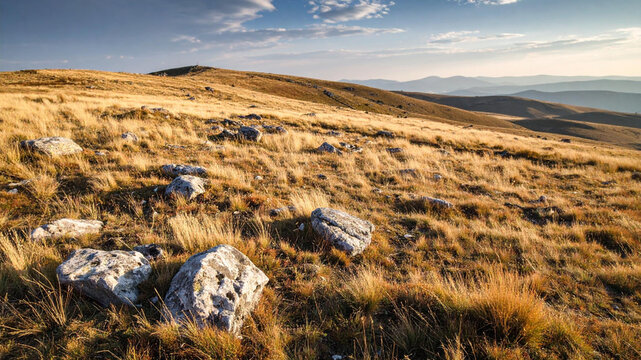 Golden grassland landscape with rocks and distant mountains under a blue sky