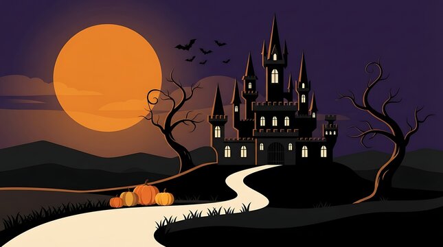 Spooky halloween night background featuring a dark gothic castle with a glowing full moon and pumpkins on a path
