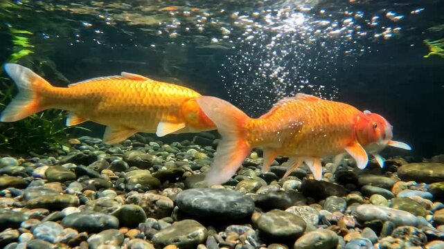 Underwater view of colorful koi fish swimming over pebbles in a pond.