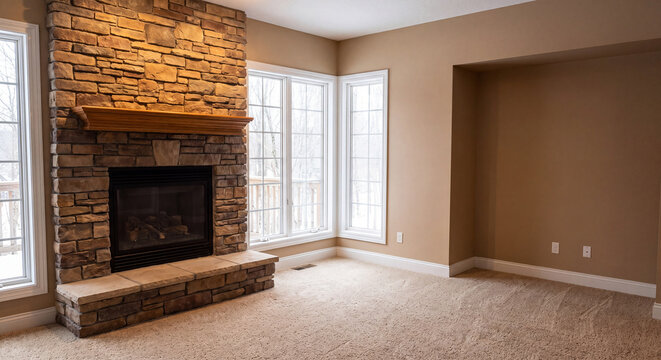 An unfurnished spacious living room features a built-in stone fireplace with a wooden mantle neutral walls and a sunny bay window