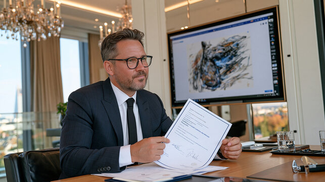 A fraud investigator in a tailored suit reviews a trade certification digital credential on a wall mounted screen inside a luxury interior, process in action as he cross references embossed document