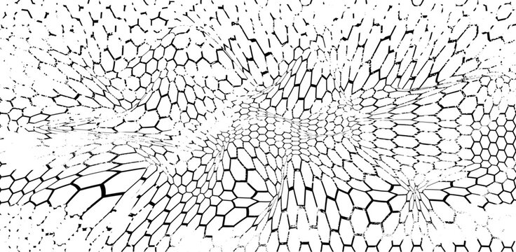 Sketch hexagon distorted pattern with grunge texture, abstract vector background. Rough honeycomb design, distressed overlay, black white worn scratched print with abstract splatter elements