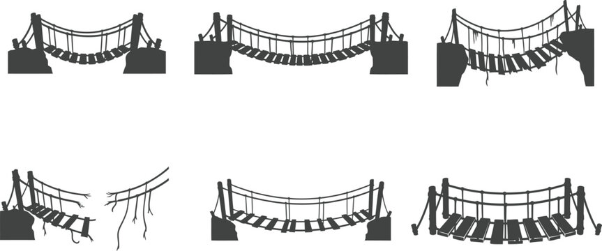 Set of wooden suspension bridges vector silhouettes depicting safe and broken pathways over canyons