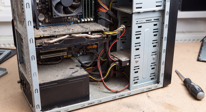 Interior view of open desktop computer tower with motherboard and cables showing hardware components and screwdriver ready for maintenance service
