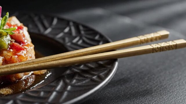 Elegant sushi gourmet dish with gold chopsticks on textured black plate.