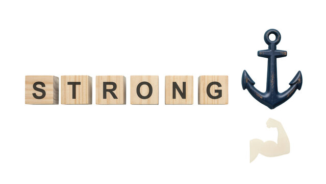 Strong Word Made Of Wooden Blocks With Anchor And Muscular Arm Icon On White Background