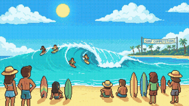 Sunny Pixel Art Surf Competition With Surfers and Beach Spectators, Pixel Art Beach Surfing Competition With Ocean Waves and Spectators