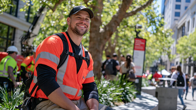 An arborist team in high visibility gear crowds a busy pedestrian plaza, wide establishing shot showing a cherry picker above ancient elm canopy while a screen reader device mounted on a nearby kios