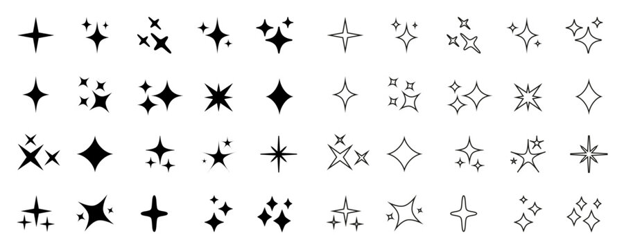Star shapes set, decorative magic twinkle elements, AI sparkly star icons - vector