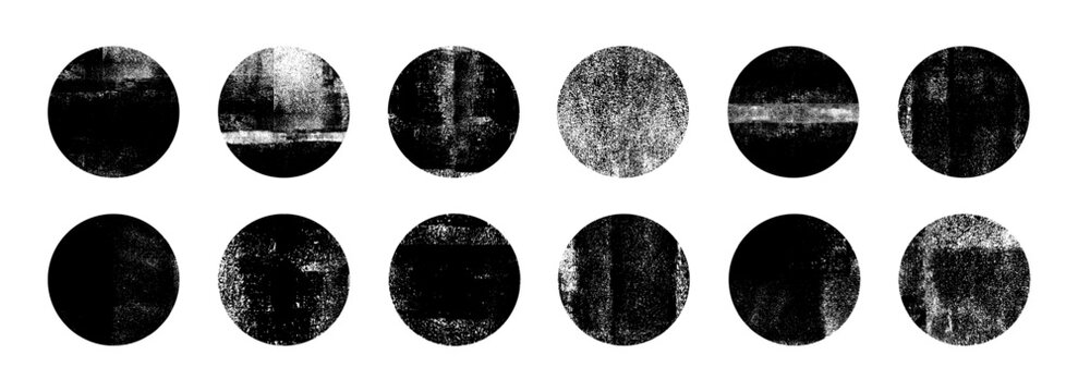 Circle ink roller textures set, grunge stamp texture, dust overlay dirty backgrounds, letterpress grain texture design, shapes with a halftone dots screen print texture