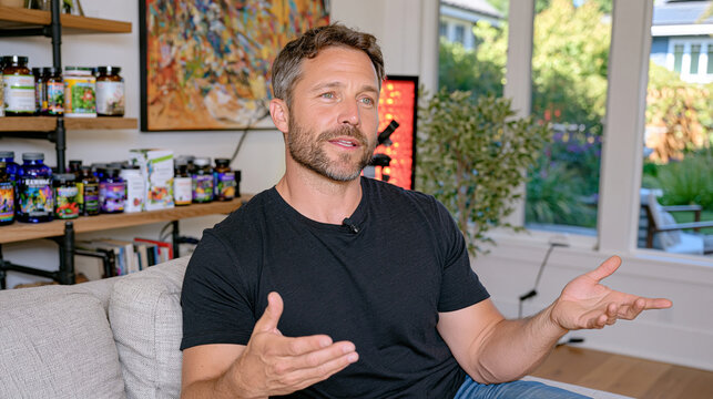 Biohacking coach demonstrates breathwork timing equipment in a warmly lit home studio, process in action, red light panel glowing behind, supplement bottles arranged on shelf, September wellness opt