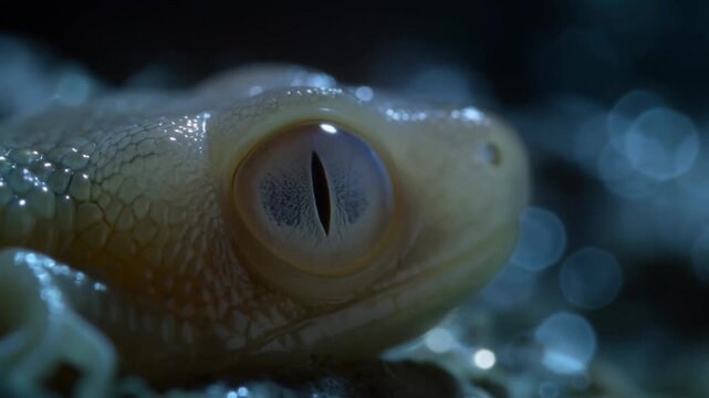 Gecko Eye in Extreme CloseUp Resting on a Dark Surface with Blue Bokeh Background