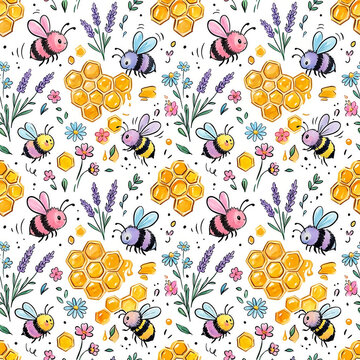 Cute bumblebees with honeycomb and lavender flowers seamless pattern