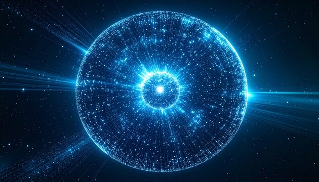 巨大な光粒子が中心に集まり形成する青い球体の未来背景