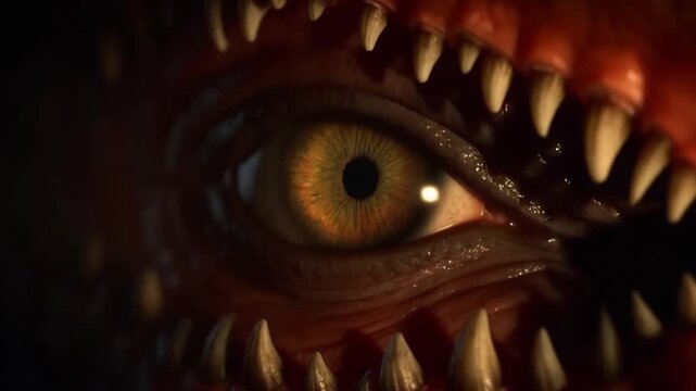 Monstrous amber eye surrounded by sharp teeth in a dark closeup