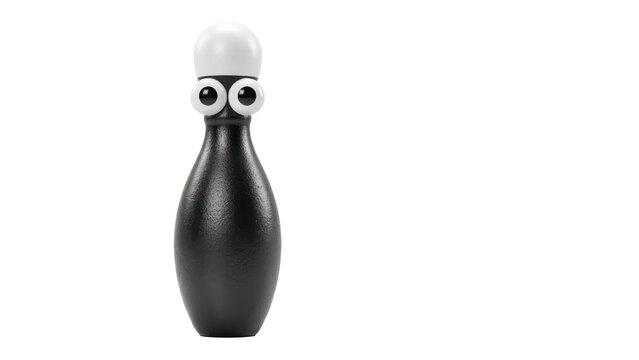Black bowling pin with a white cap and large googly eyes attached to the neck area for a funny character look isolated on a transparent background