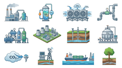Obraz premium Clean Carbon Capture and Storage Methods Illustrated with Colorful Industrial and Natural Solutions