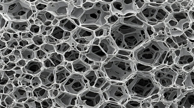 Abstract Microscopic Structure of Porous Polymer Sponge Material Showing Crushed Cellular Bubbles Technical light grey background detail showcasing open cell foam sponge texture and synthetic