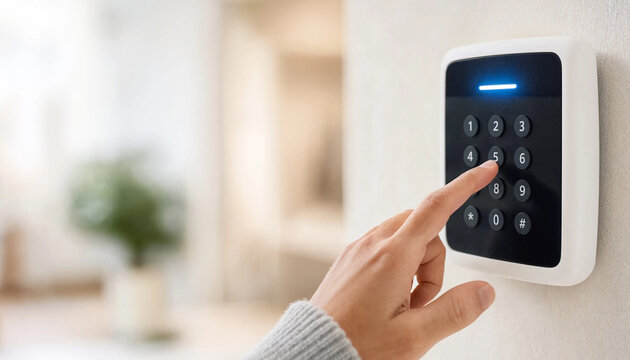 Hand presses a number on a wall-mounted security keypad in a bright modern interior, with blurred furnishings and open space for text.